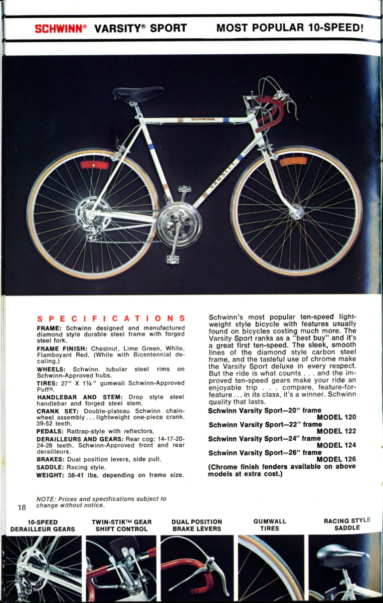 Schwinn 1976 Catalog — Cycling America: Paramount, Lightweight, Sting-Ray and Junior Bicycles, Parts and Accessories, with the Price List — page 18 of 64