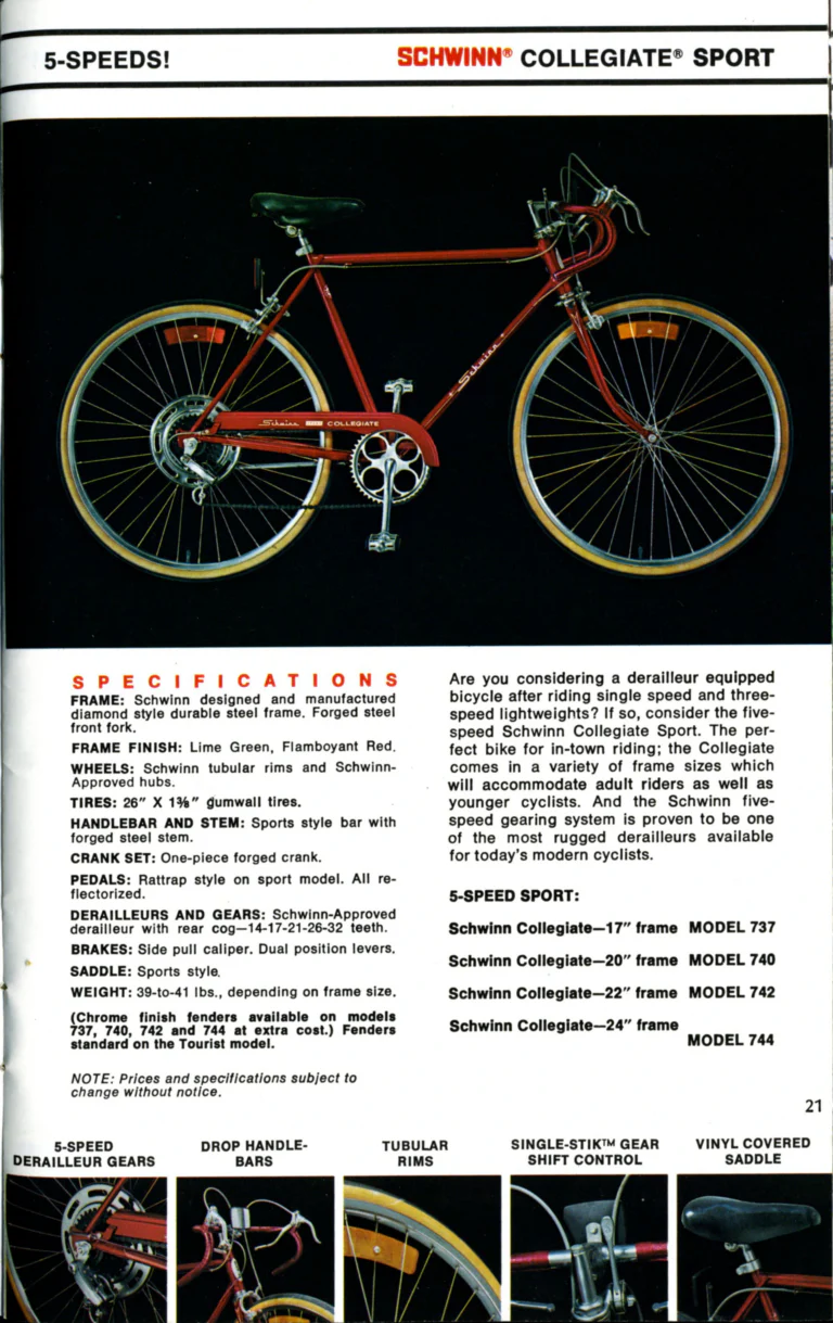 Schwinn 1976 Catalog — Cycling America: Paramount, Lightweight, Sting-Ray and Junior Bicycles, Parts and Accessories, with the Price List — page 21 of 64