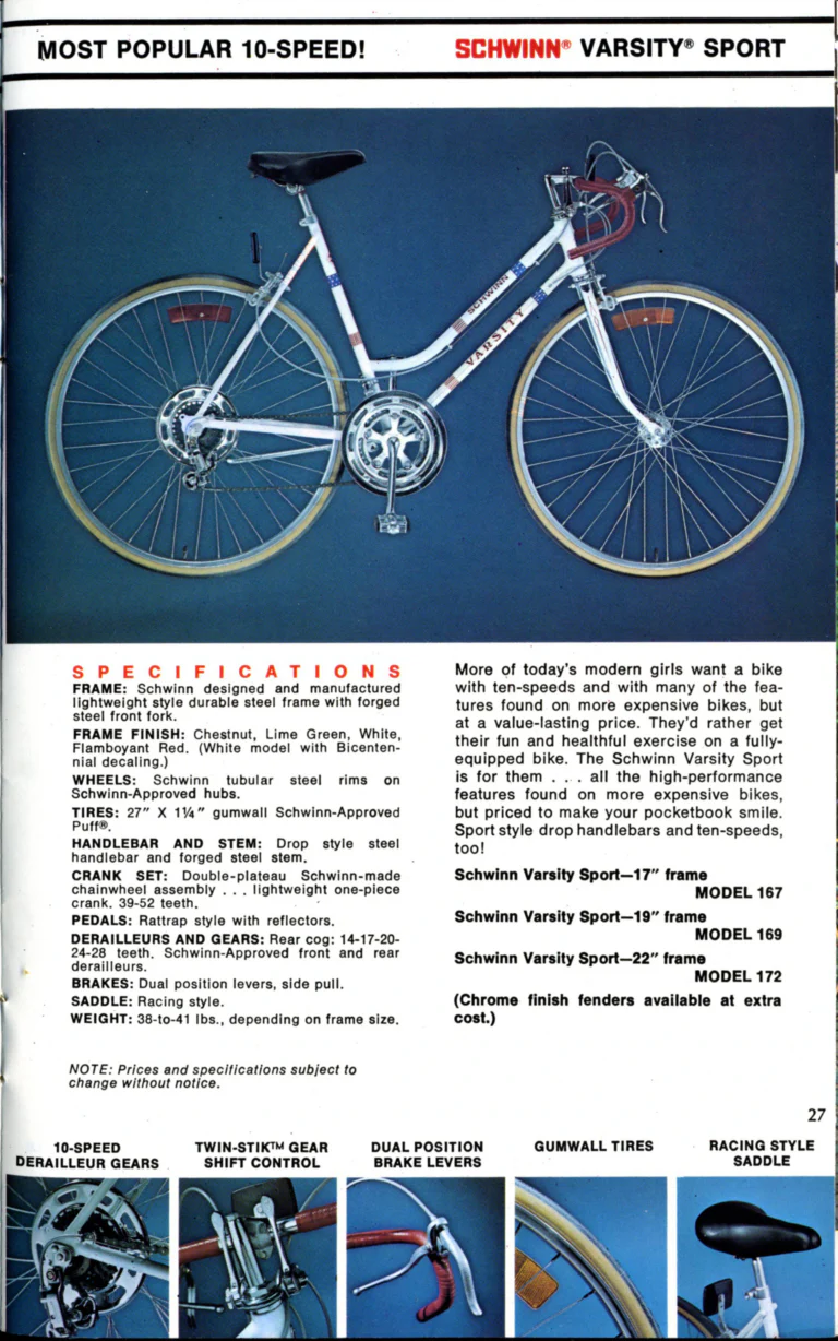 Schwinn 1976 Catalog — Cycling America: Paramount, Lightweight, Sting-Ray and Junior Bicycles, Parts and Accessories, with the Price List — page 27 of 64
