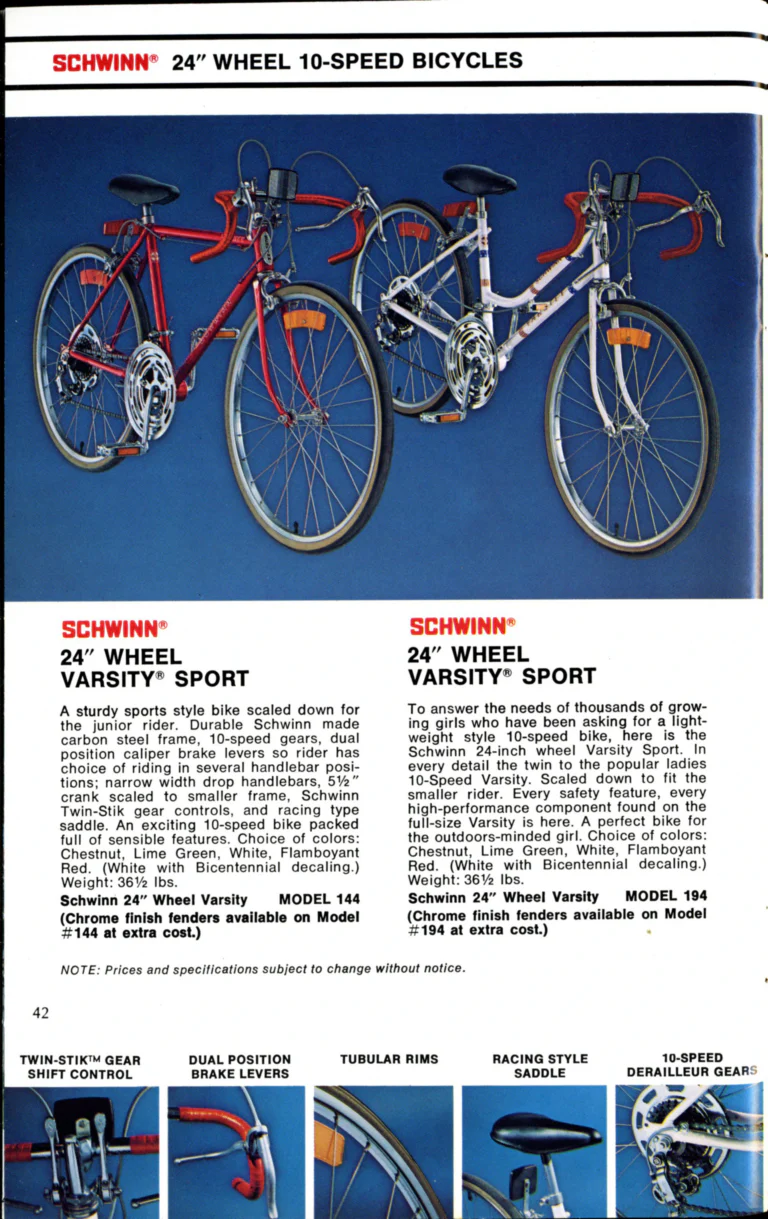 Schwinn 1976 Catalog — Cycling America: Paramount, Lightweight, Sting-Ray and Junior Bicycles, Parts and Accessories, with the Price List — page 42 of 64