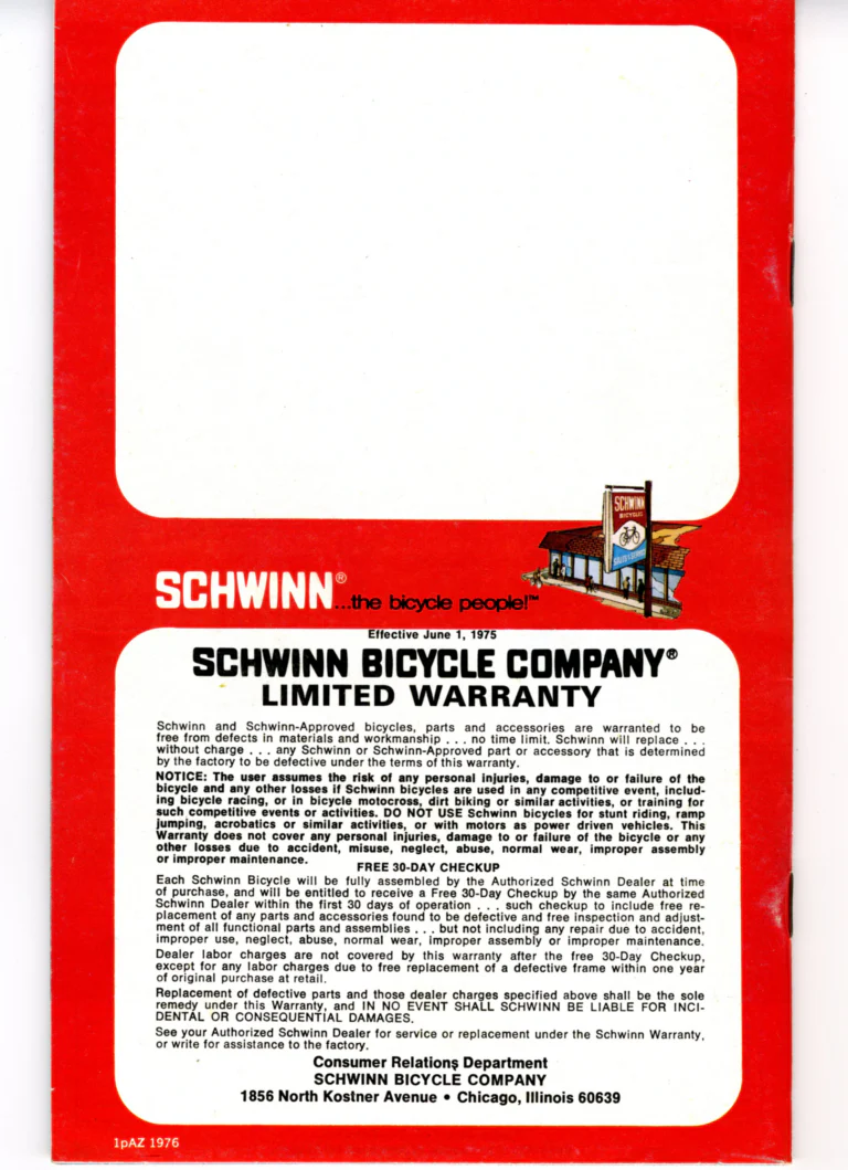 Schwinn 1976 Catalog — Cycling America: Paramount, Lightweight, Sting-Ray and Junior Bicycles, Parts and Accessories, with the Price List — page 62 of 64