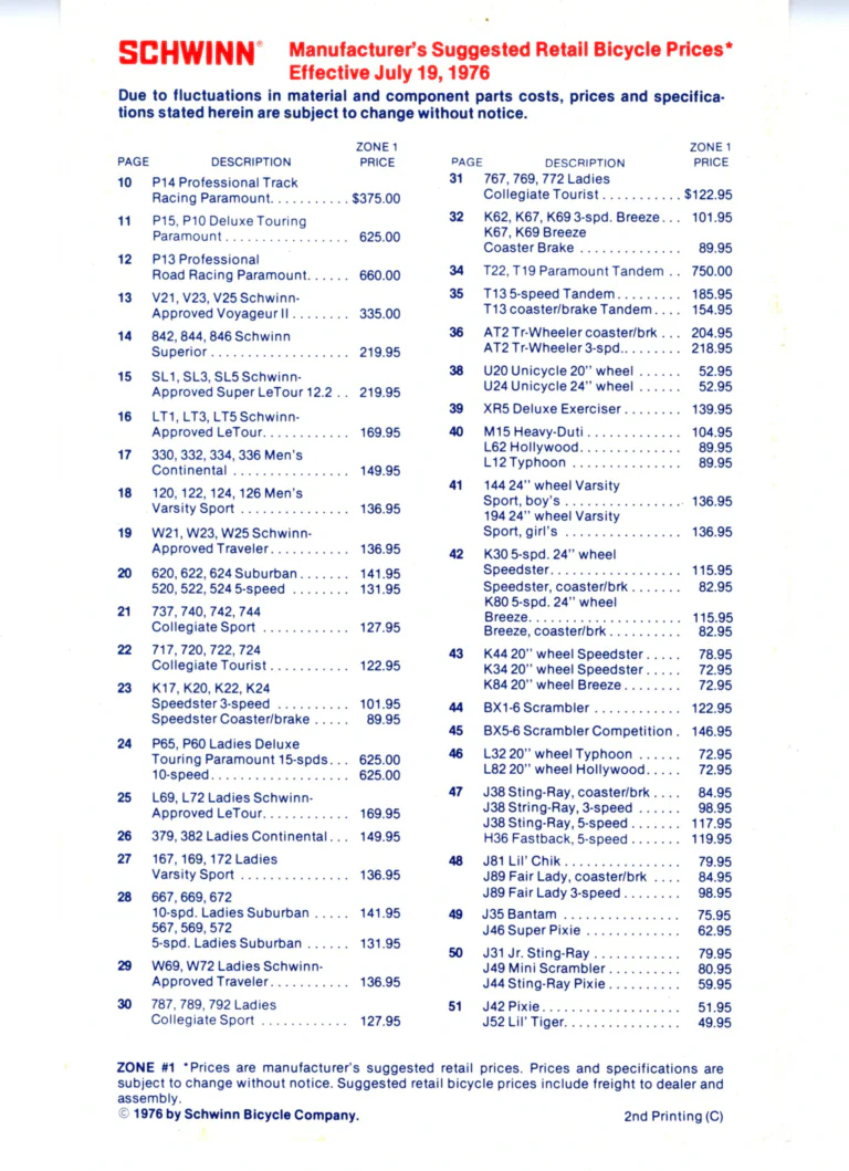 Schwinn 1976 Catalog — Cycling America: Paramount, Lightweight, Sting-Ray and Junior Bicycles, Parts and Accessories, with the Price List — page 63 of 64