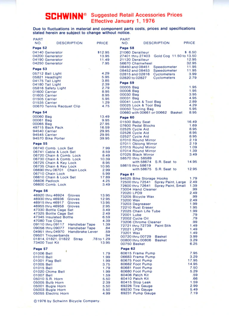Schwinn 1976 Catalog — Cycling America: Paramount, Lightweight, Sting-Ray and Junior Bicycles, Parts and Accessories, with the Price List — page 64 of 64