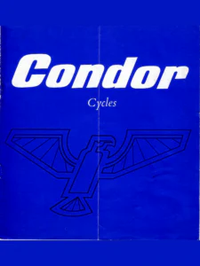 The front cover of the Condor Cycles booklet: the Condor wordmark in white and the Condor bird emblem drawn in outline on a blue ground.