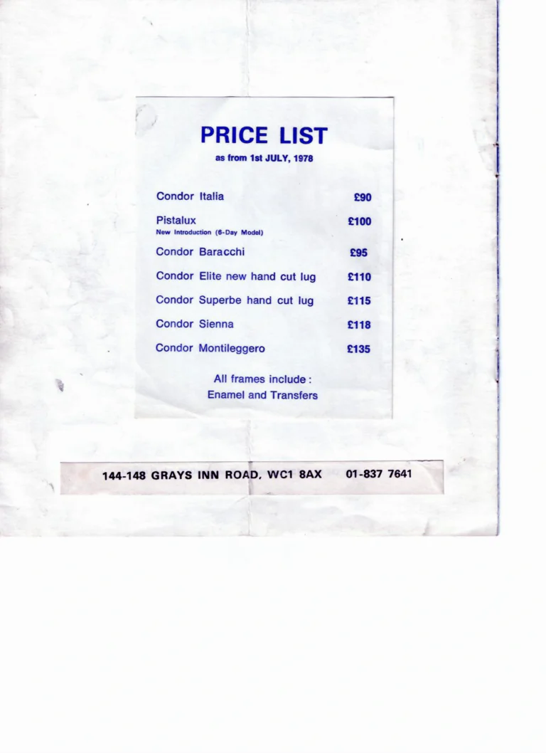 Condor 1978 Catalog — Montileggero, Superbe, Sienna, Baracchi and Italia Frames, with the Price List of 1 July 1978 — page 8 of 8