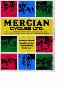 The front cover of the Mercian Cycles catalog: the firm's name with its showroom and works addresses on a yellow band, framed by eight photographs of road racing printed in red, blue and green.