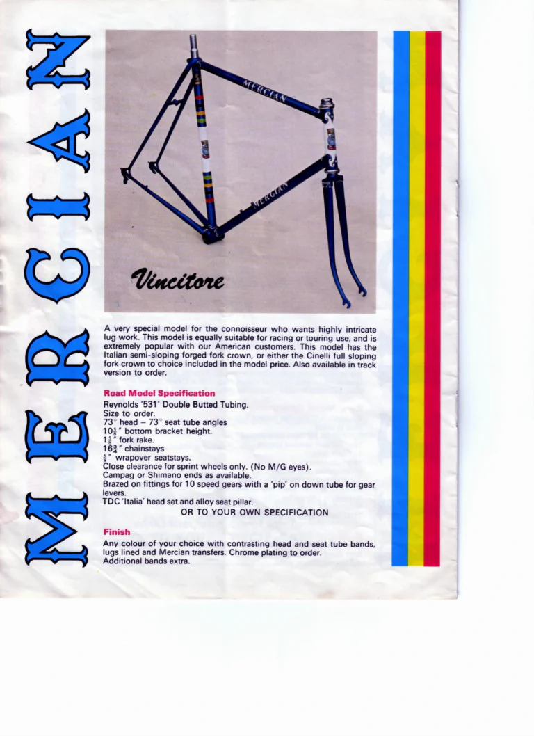 Mercian 1978 Catalog — Handbuilt Frames for the Discerning Cyclist, with the Retail Frame Price List of July 1978 — page 2 of 14