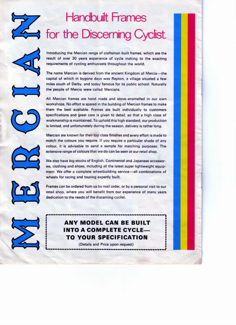 Mercian 1978 Catalog — Handbuilt Frames for the Discerning Cyclist, with the Retail Frame Price List of July 1978 — page 3 of 14