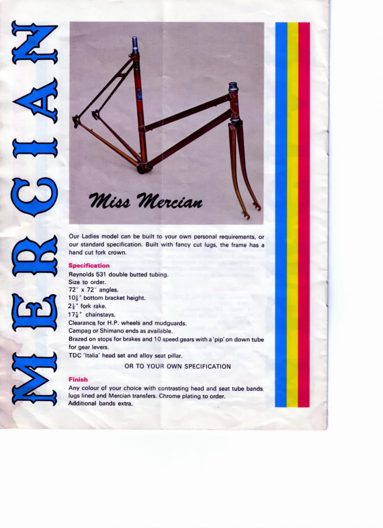 Mercian 1978 Catalog — Handbuilt Frames for the Discerning Cyclist, with the Retail Frame Price List of July 1978 — page 10 of 14