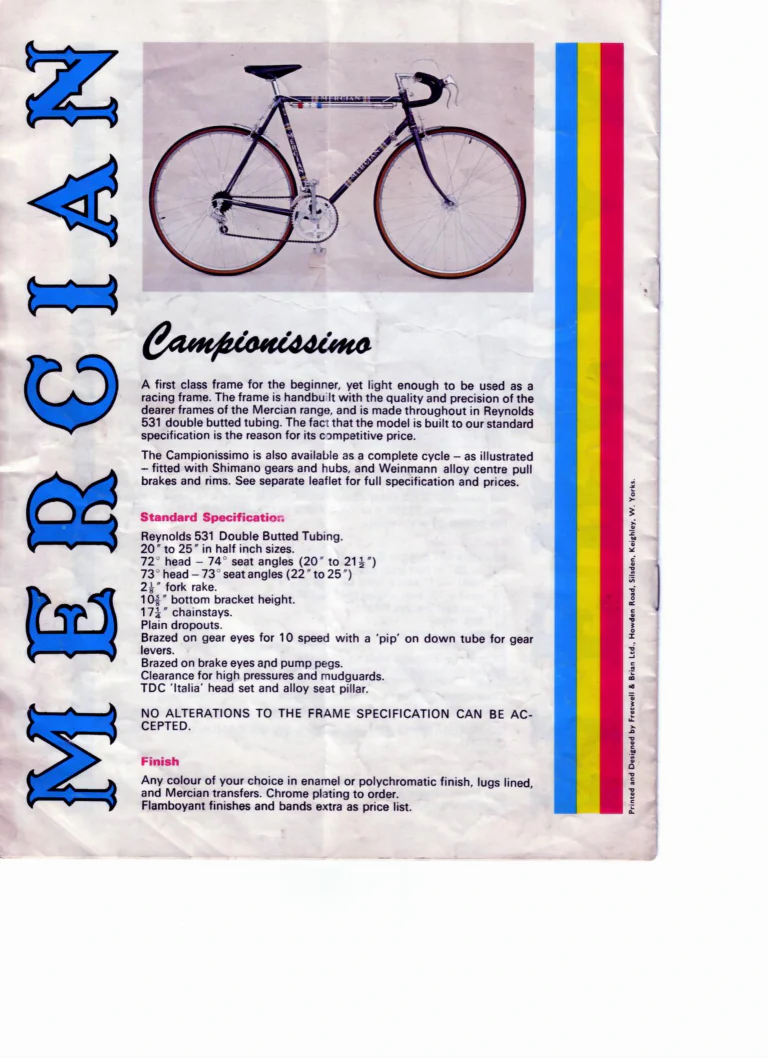 Mercian 1978 Catalog — Handbuilt Frames for the Discerning Cyclist, with the Retail Frame Price List of July 1978 — page 12 of 14
