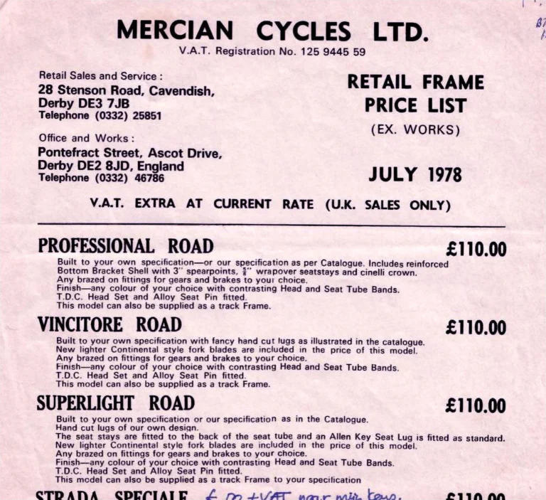 Mercian 1978 Catalog — Handbuilt Frames for the Discerning Cyclist, with the Retail Frame Price List of July 1978 — page 13 of 14