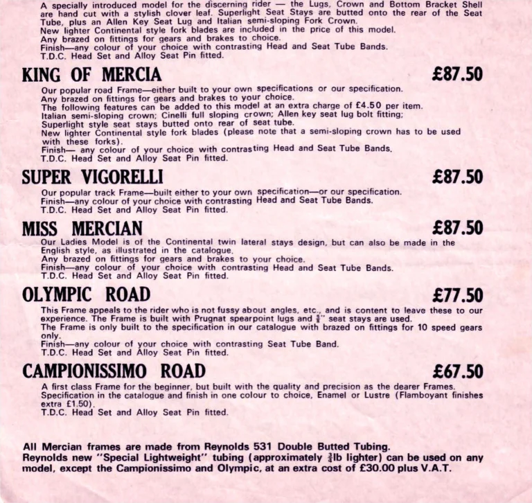 Mercian 1978 Catalog — Handbuilt Frames for the Discerning Cyclist, with the Retail Frame Price List of July 1978 — page 14 of 14