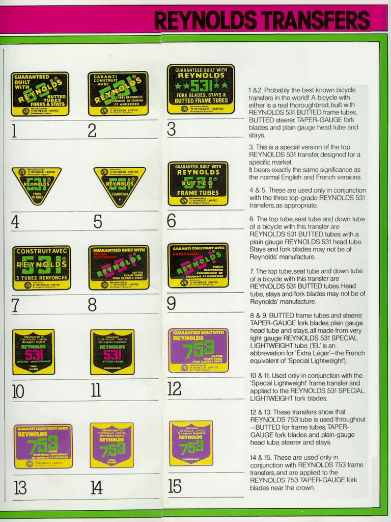 Reynolds 1978 Catalog — 531, 531 SL and 753 Butted Cycle Frame Tubes, Fork Blades and Stays — page 3 of 12