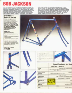 Page 2 of the 1981 Bikecology catalog, Bob Jackson: a metallic blue Gran Prix racing frame and fork photographed on gray, five close-ups lettered A to E, and a specification table that runs off the right edge.