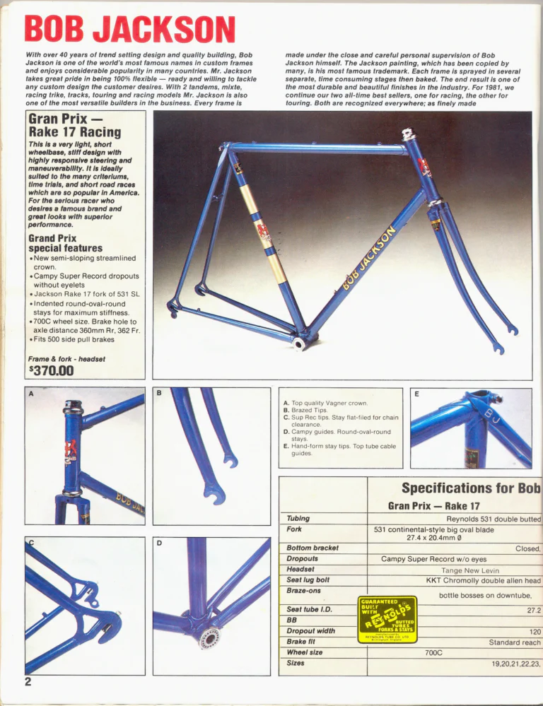 Bikecology 1981 Catalog — Bob Jackson Frames, the Gran Prix Rake 17 (Page 2) — page 1 of 1