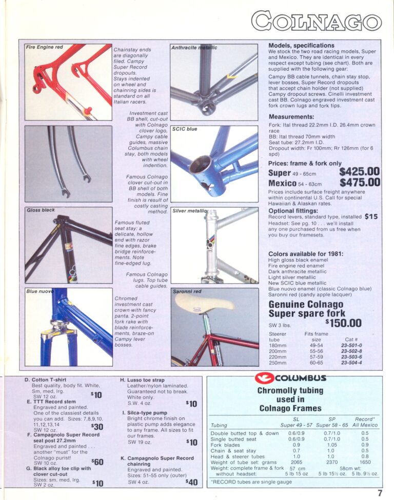 Bikecology 1981 Catalog — Colnago Frames, the Super and the Mexico (Pages 6–7) — page 2 of 2