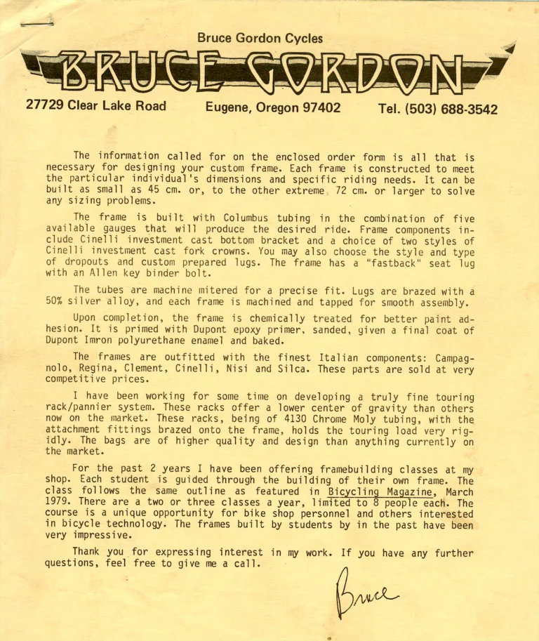Bruce Gordon February 1981 Dealer Price List — with the Letter to Inquirers and the Parts for Frame Order Form — page 1 of 3