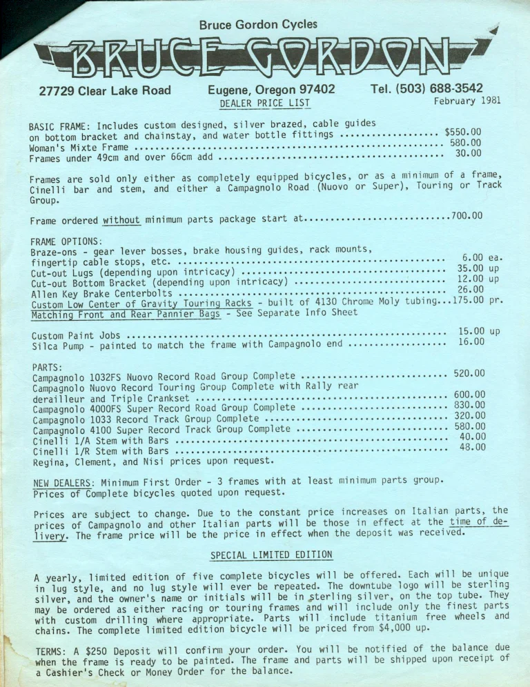 Bruce Gordon February 1981 Dealer Price List — with the Letter to Inquirers and the Parts for Frame Order Form — page 2 of 3