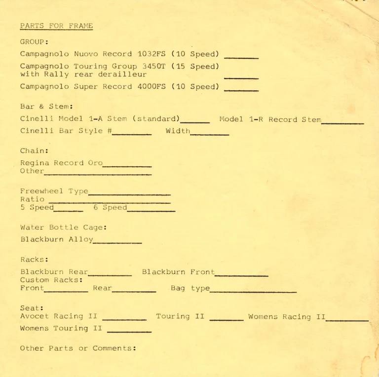Bruce Gordon February 1981 Dealer Price List — with the Letter to Inquirers and the Parts for Frame Order Form — page 3 of 3
