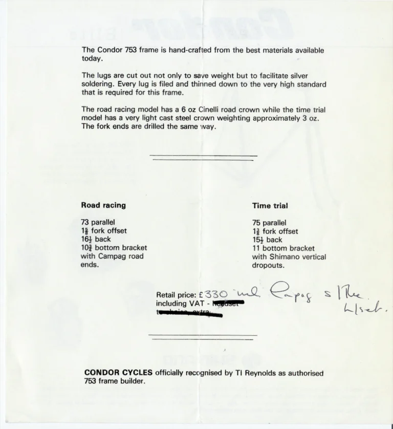 Condor 1981 Catalog — Sienna, Baracchi, Italia and Elite Frames and the Condor 753, with the Frame Price List of 1 October 1981 — page 8 of 10