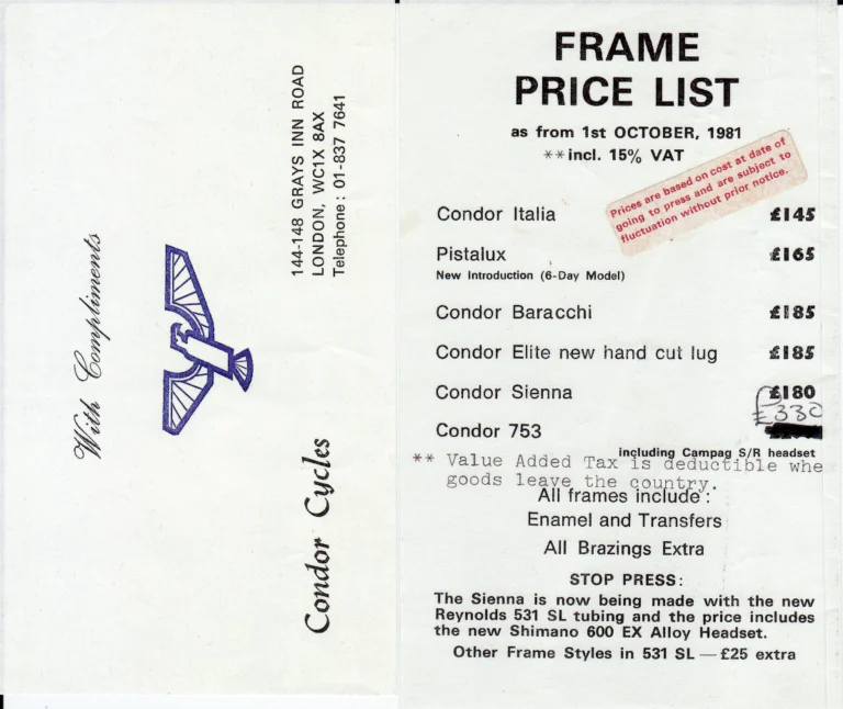 Condor 1981 Catalog — Sienna, Baracchi, Italia and Elite Frames and the Condor 753, with the Frame Price List of 1 October 1981 — page 10 of 10