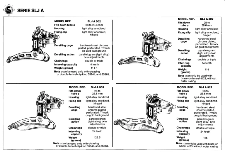 Simplex January 1981 Catalog — Derailleurs, Quick Release, Seat Pillars and Braze-On Parts — page 14 of 16