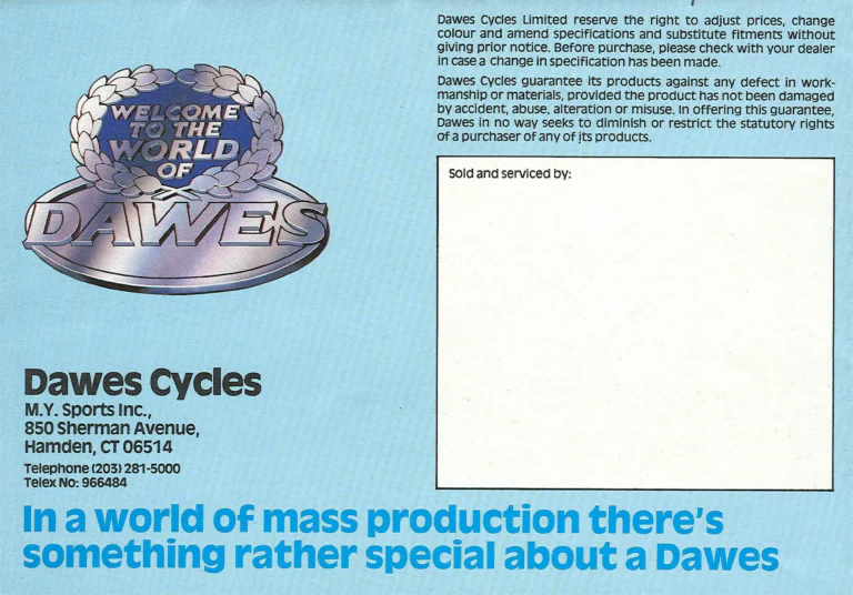 Dawes Catalog of about 1982, US Edition — Welcome to the World of Dawes: the Atlantis and Echelon Racing and the Super Galaxy, Galaxy and Lady Galaxy Touring Bicycles — page 12 of 12