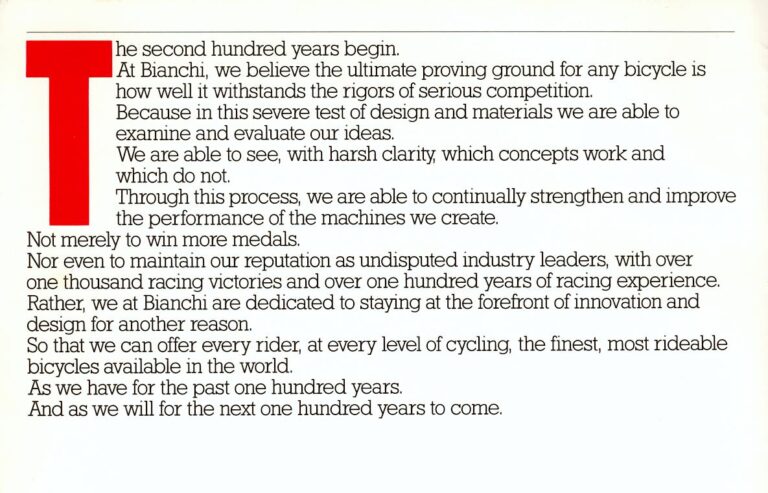 Bianchi Catalog of about 1985 (Five Pages) — The Second Hundred Years Begin: the Professional Series, with the Centenario — page 2 of 5