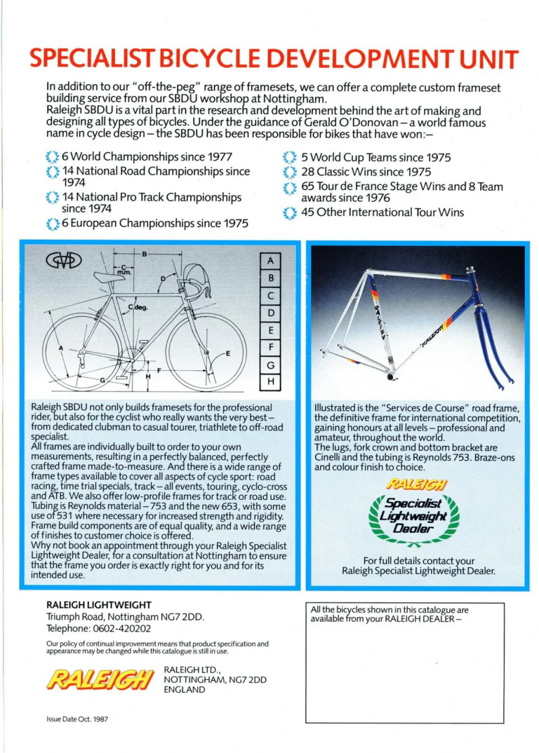 Raleigh 1987 Catalog — Frame Sets — page 4 of 4