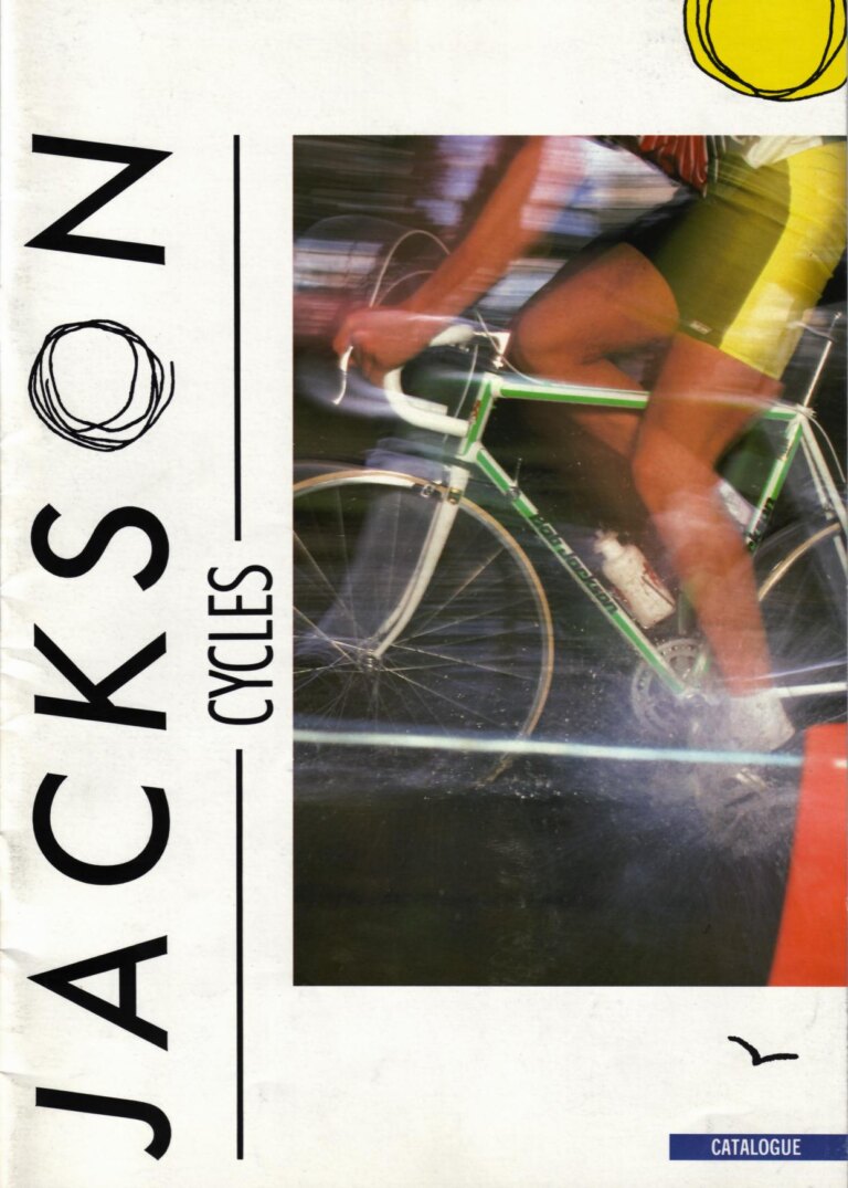 Bob Jackson 1988 Catalog — The Re-Launch of Jackson Cycles: Road, Touring, Time Trial, Track and All-Terrain Bicycles, a Trike and a Tandem — page 1 of 16