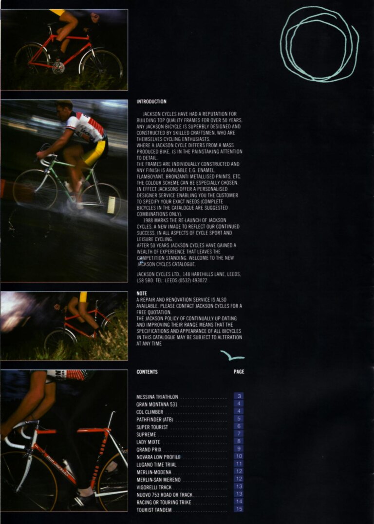 Bob Jackson 1988 Catalog — The Re-Launch of Jackson Cycles: Road, Touring, Time Trial, Track and All-Terrain Bicycles, a Trike and a Tandem — page 2 of 16