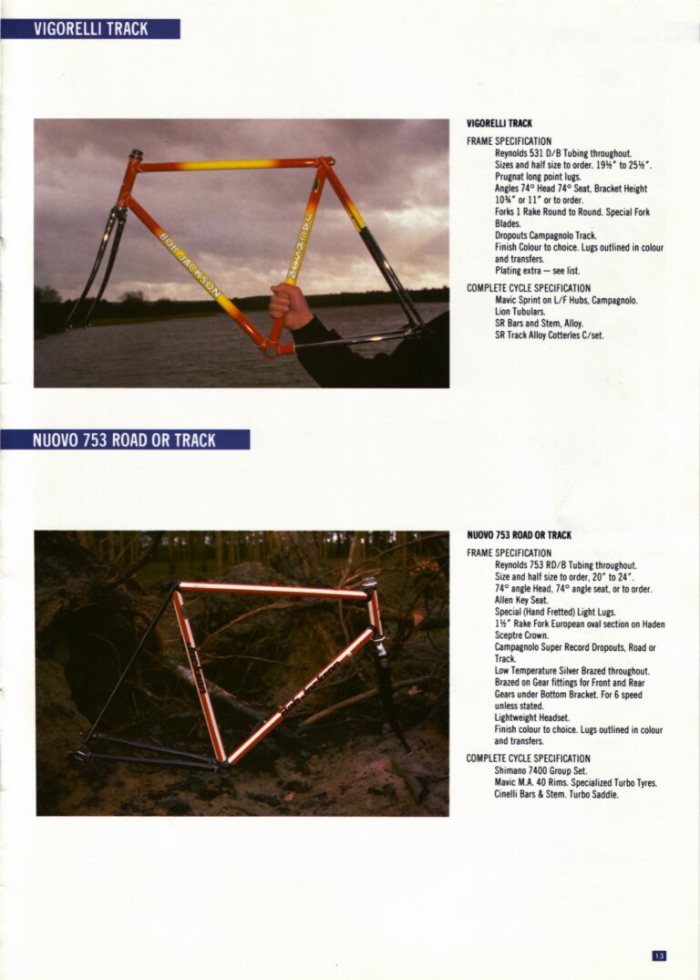 Bob Jackson 1988 Catalog — The Re-Launch of Jackson Cycles: Road, Touring, Time Trial, Track and All-Terrain Bicycles, a Trike and a Tandem — page 13 of 16