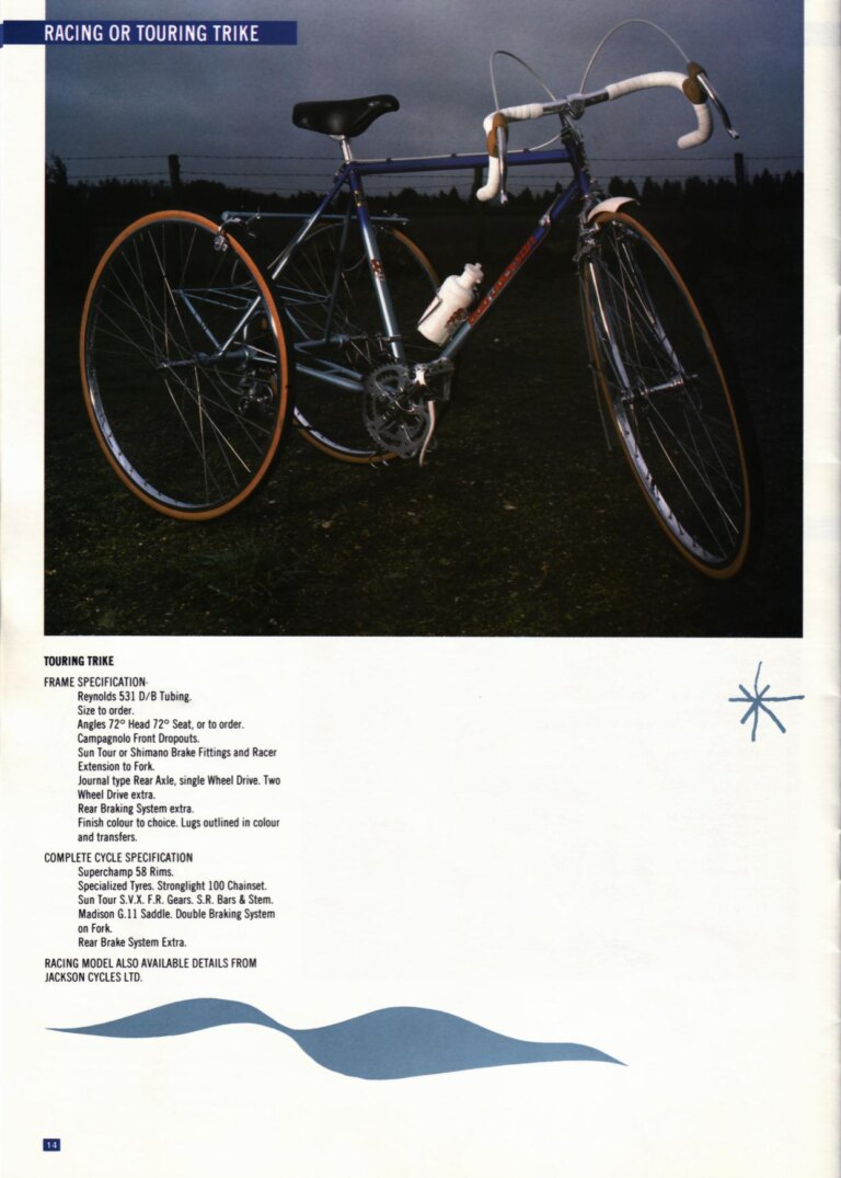 Bob Jackson 1988 Catalog — The Re-Launch of Jackson Cycles: Road, Touring, Time Trial, Track and All-Terrain Bicycles, a Trike and a Tandem — page 14 of 16