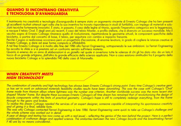 Colnago 1988 Catalog — The Colnago Concept with Ferrari Engineering, Carbon Volo, Master, Masterpiù, Krono and Master Mountainbike — page 2 of 30