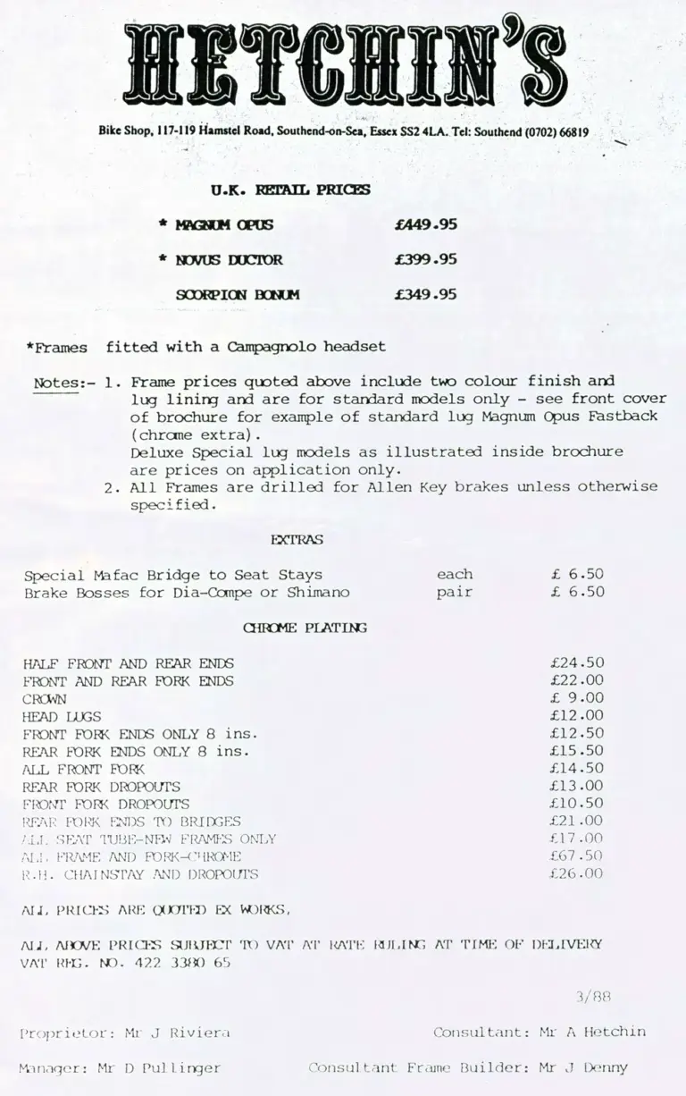 Hetchins 1988 Catalog — Magnum Opus, Novus Ductor and Scorpion Bonum Deluxe Specials, with the Southend Price List — page 5 of 5