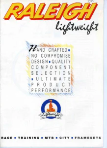 Front cover of the Raleigh Lightweight catalog: the Raleigh wordmark in red and yellow over a script "lightweight", a block of spaced capitals framed in colored-pencil strokes and the Raleigh heron badge on a blue ring with a "lightweight" ribbon.