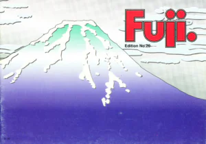 The front cover of the Fuji catalog, a stylized drawing of the snow-streaked cone of Mount Fuji shading from mint green at the summit to deep violet blue at its base, set against a gray sky banded with flat white clouds.