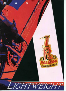 The front cover of the Raleigh Lightweight catalog: a red and blue posterized close view of a racing bicycle's chainset, chain and frame beside a white panel carrying the Raleigh heron head badge lettered "Raleigh Nottingham England".