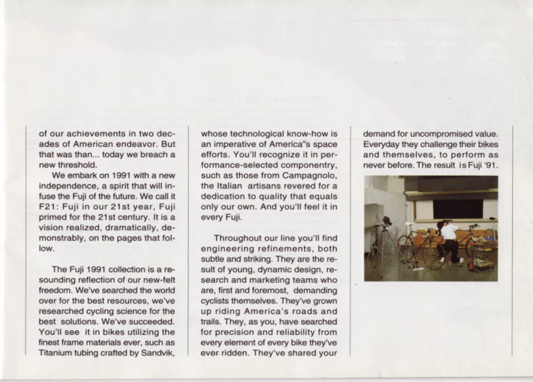 Fuji 1991 Catalog — Edition No. 21, F21: Fuji in Our 21st Year, from the Titanium Centaur to the Titanium Record — page 7 of 39