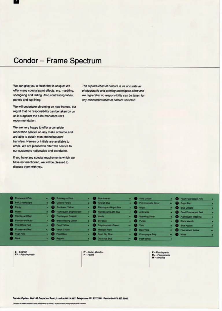 Condor Catalog of about 1994 — Hand-Built Bicycles for the Perfectionist: Crown Jewels, Frame Service, Special Cadet, Ultimo, ATBs, Professional and Frame Spectrum — page 16 of 19