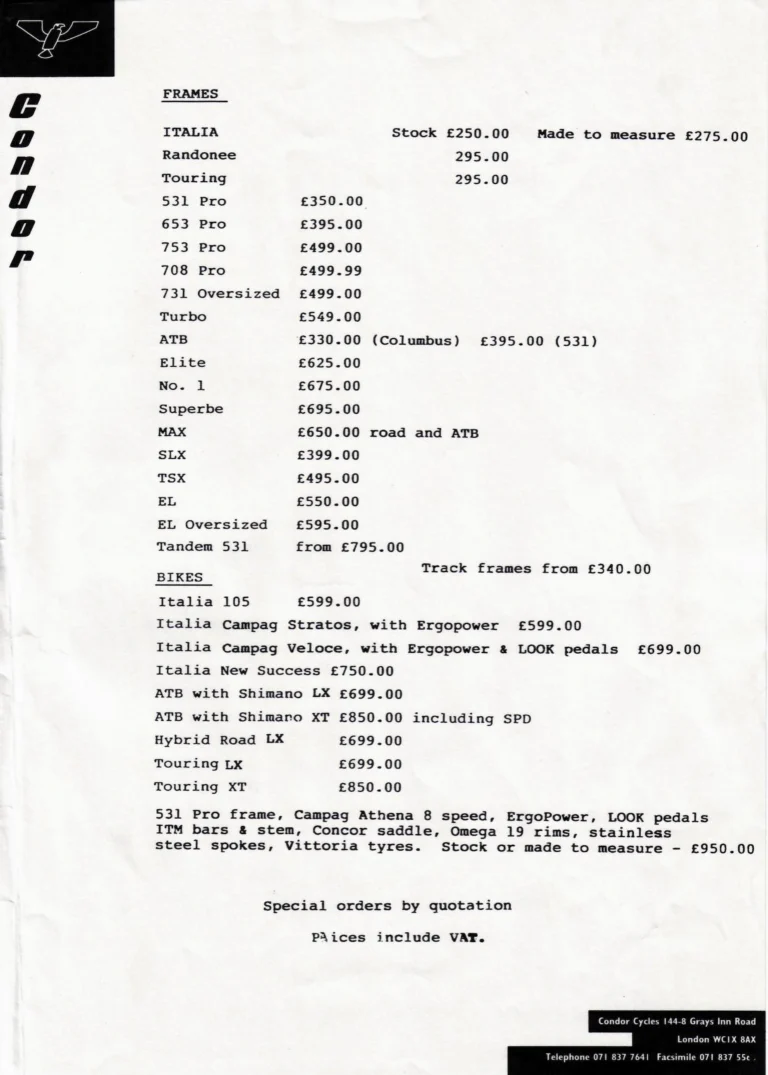 Condor Catalog of about 1994 — Hand-Built Bicycles for the Perfectionist: Crown Jewels, Frame Service, Special Cadet, Ultimo, ATBs, Professional and Frame Spectrum — page 17 of 19