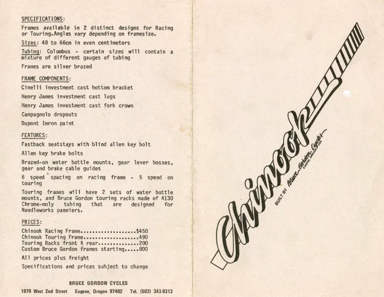 Bruce Gordon Brochure (Undated, 1981 or Later) — Craftsmanship without Compromise: the Custom, Racing and Touring Frames and the Chinook Line, with the Chinook Leaflet — page 8 of 9