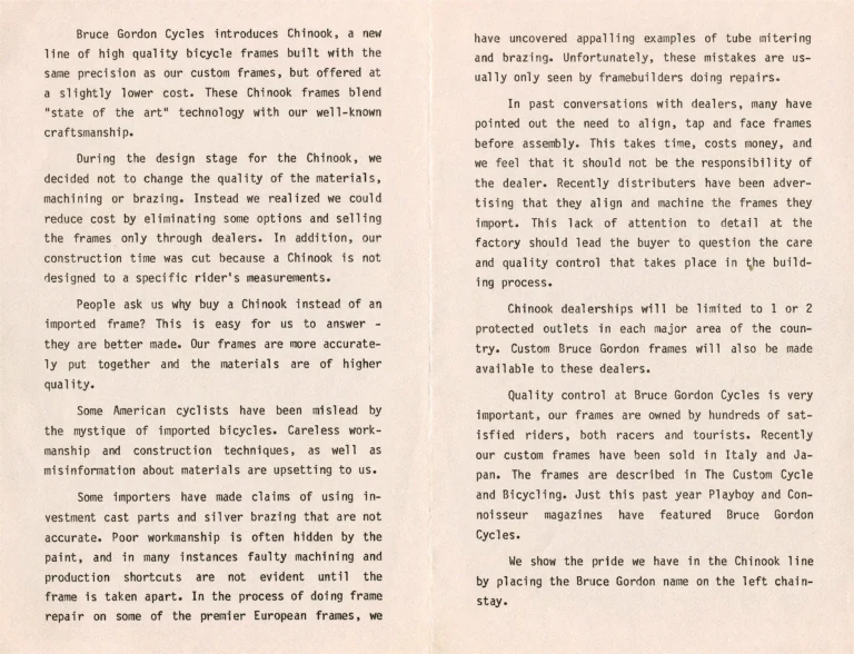 Bruce Gordon Brochure (Undated, 1981 or Later) — Craftsmanship without Compromise: the Custom, Racing and Touring Frames and the Chinook Line, with the Chinook Leaflet — page 9 of 9