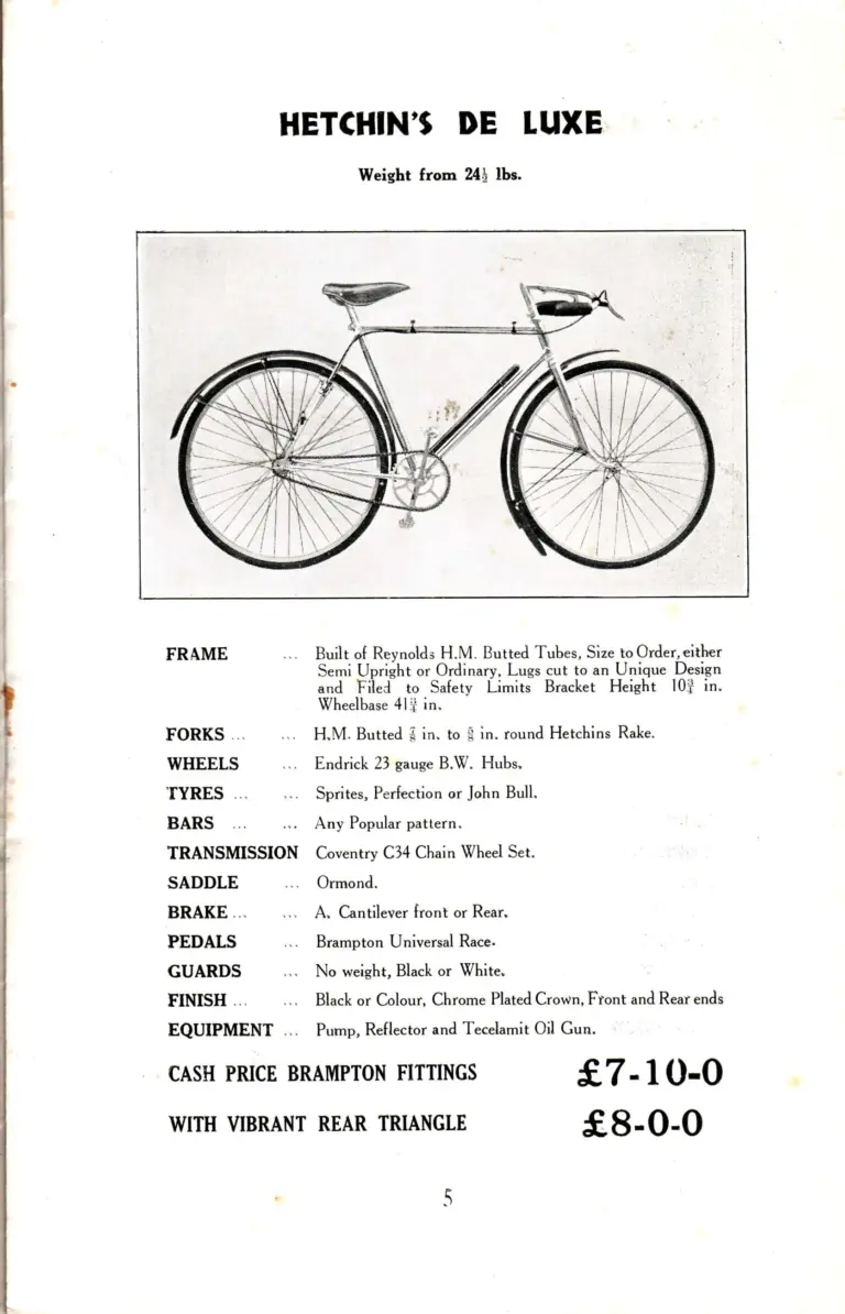 Hetchins c.1935 Catalog — Brilliant, Superbe, De Luxe and Ideal Models, Solo and Tandem, from Seven Sisters Road and Lea Bridge Road — page 7 of 16