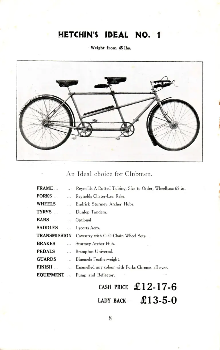 Hetchins c.1935 Catalog — Brilliant, Superbe, De Luxe and Ideal Models, Solo and Tandem, from Seven Sisters Road and Lea Bridge Road — page 10 of 16
