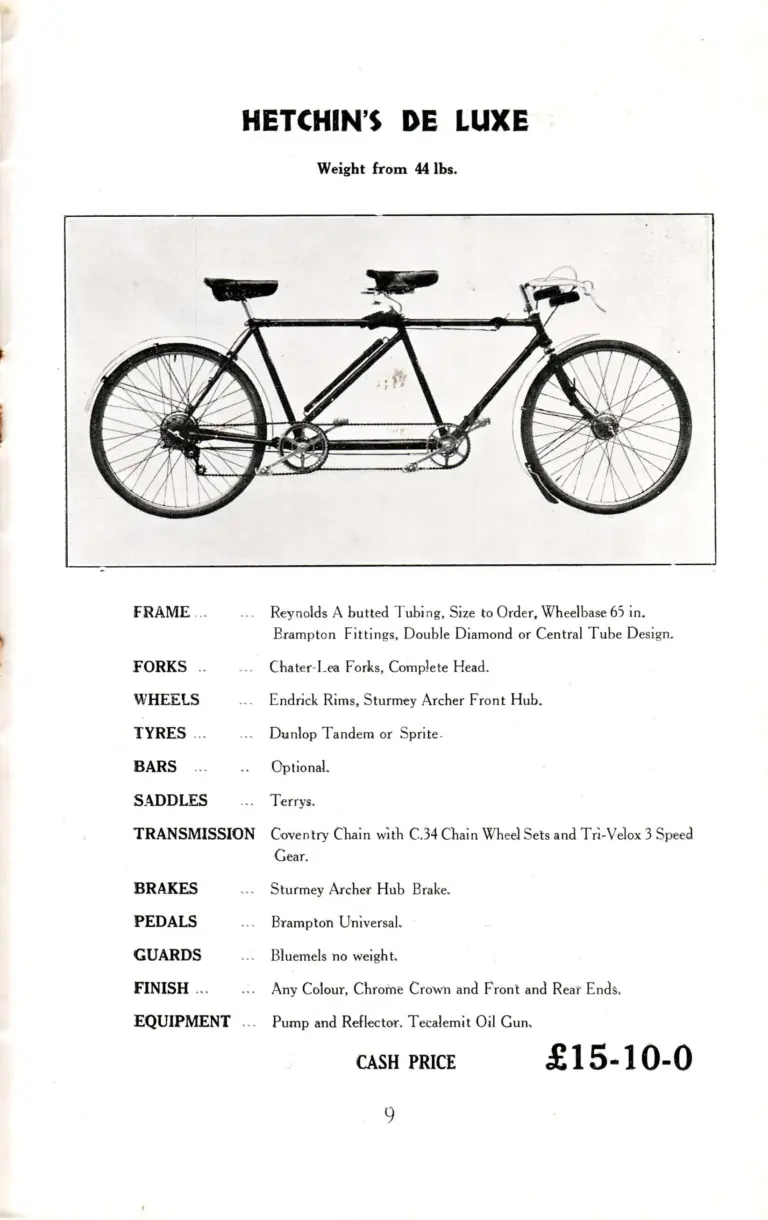 Hetchins c.1935 Catalog — Brilliant, Superbe, De Luxe and Ideal Models, Solo and Tandem, from Seven Sisters Road and Lea Bridge Road — page 11 of 16