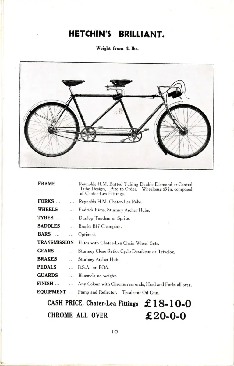 Hetchins c.1935 Catalog — Brilliant, Superbe, De Luxe and Ideal Models, Solo and Tandem, from Seven Sisters Road and Lea Bridge Road — page 12 of 16