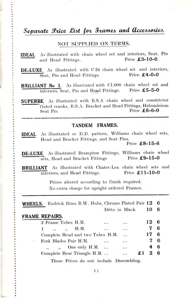 Hetchins c.1935 Catalog — Brilliant, Superbe, De Luxe and Ideal Models, Solo and Tandem, from Seven Sisters Road and Lea Bridge Road — page 13 of 16
