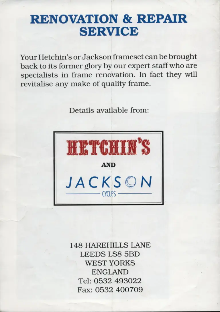 Hetchins c.1993 Brochure — Magnum Opus, Scorpion Bonum and Novus Ductor Frame Sets from Jackson Cycles of Leeds, with a German Price List — page 7 of 8