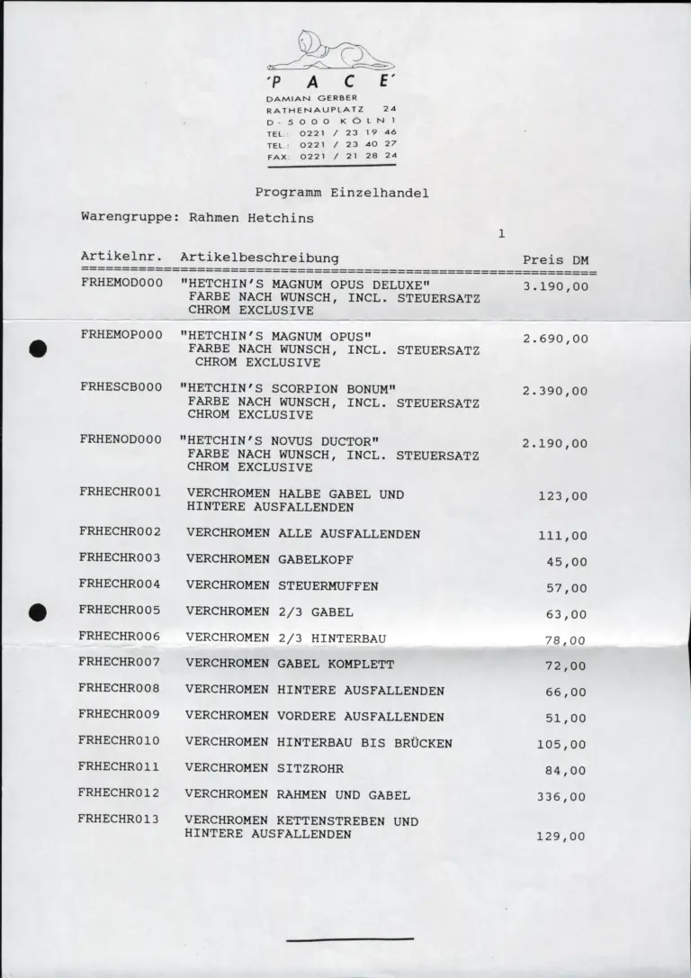 Hetchins c.1993 Brochure — Magnum Opus, Scorpion Bonum and Novus Ductor Frame Sets from Jackson Cycles of Leeds, with a German Price List — page 8 of 8